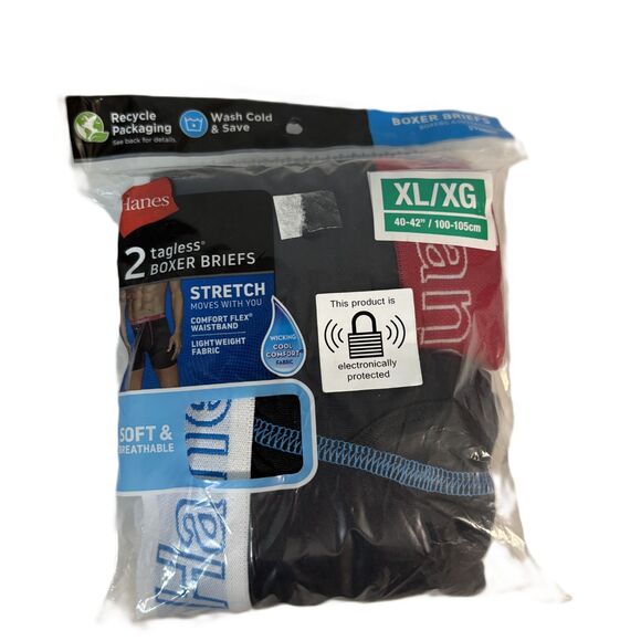 New NIP Men Hanes XL Tagless Stretch Boxer Briefs 2 Pack 40-42” Black Logo Waist - Picture 1 of 6
